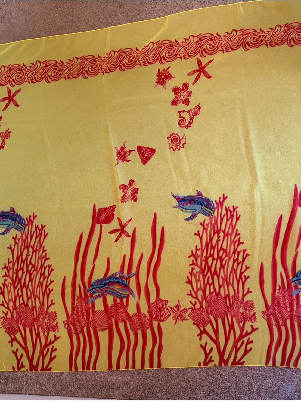 Tropical 🏝️ Yellow & Red Sheer Ocean-Print Sarong wrap w/ Coral & Dolphin Motif - Picture 4 of 6
